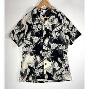 Palmwave Hawaiian Shirt Mens Medium‎ Black Ivory Floral Aloha Vintage 1990s